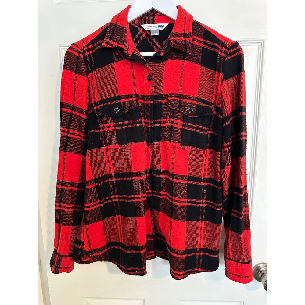 Old Navy Plaid Flannel Shirt Red Black 100% Cotton Size M